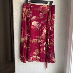 Vintage Women 8 Floral Burgundy Midi Skirt Ruffle Faux Wrap Rayon Red Feminine
